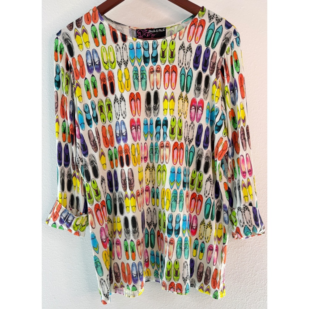Vintage Y2K Peck & Peck Colorful Shoe Print Top Novelty Art Fashion Girlcore XL